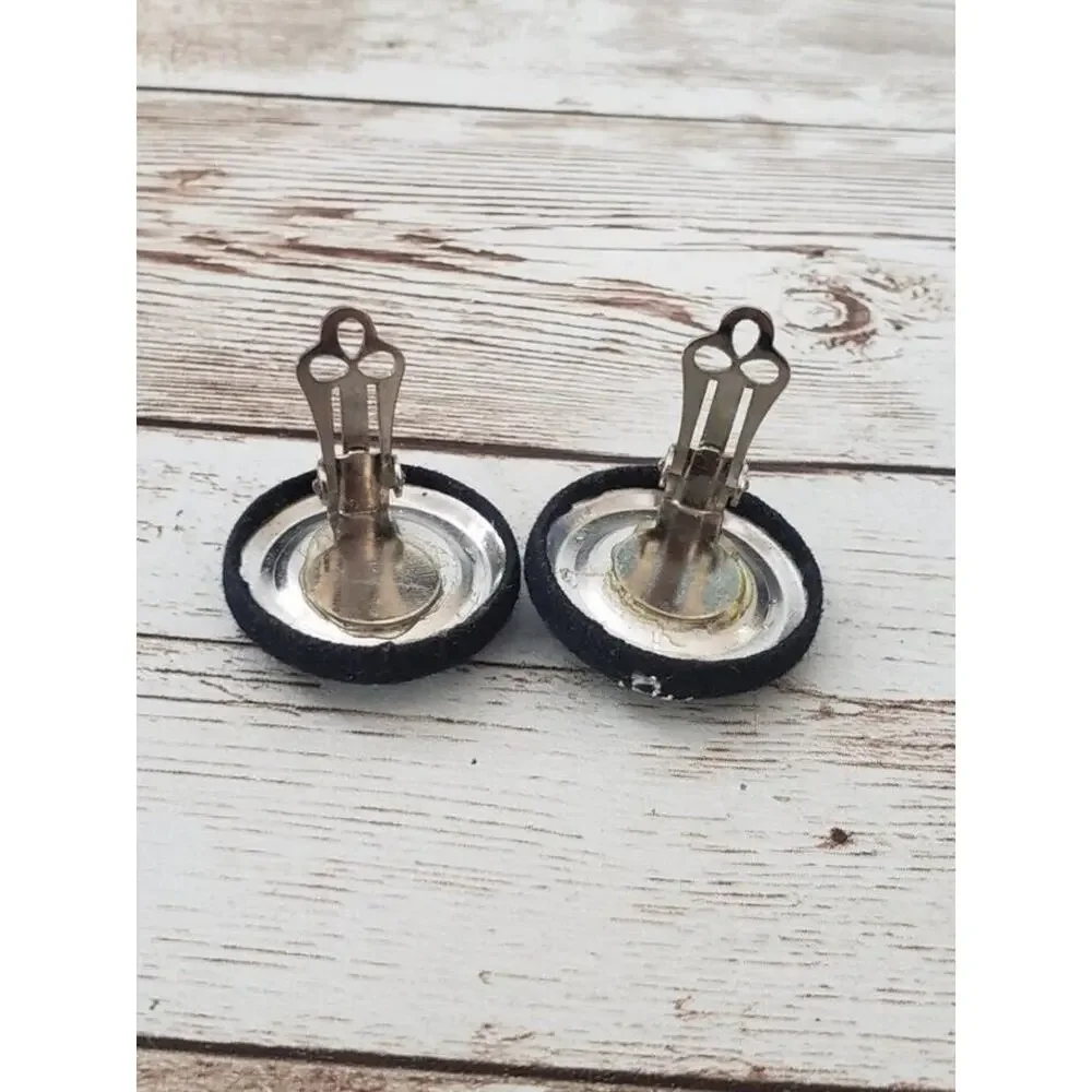 Vintage Clip On Earrings Black Circle with Silver Snowflake Detail